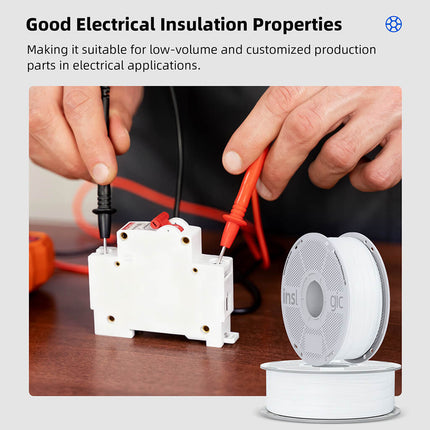 White PC filament spool with a white electrical terminal block and wires